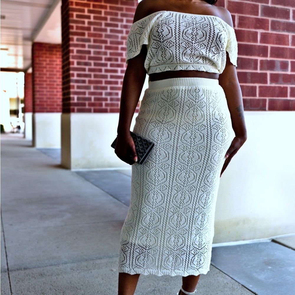 White knit/crotchet two-piece